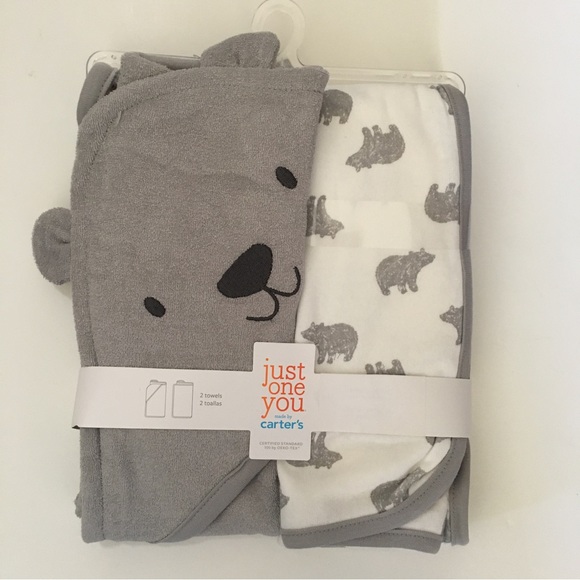 NEW Bath Set Baby Gift 1 Hooded and 1 Bath Towel and 6 Washcloths Gray Bears - Picture 2 of 10